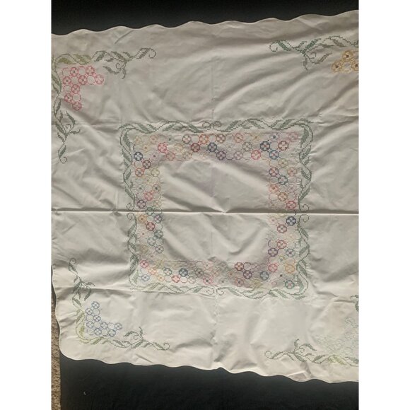 Vintage Hand Cross Stitch Floral Tablecloth with Scalloped Edges 48" x 51" Cotto - Picture 3 of 11